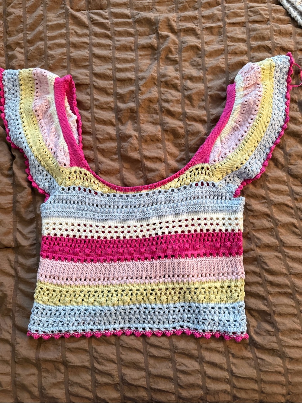 Sincerly Jules Multicolor Crochet Crop Top - Pink, Yellow & Light Blue